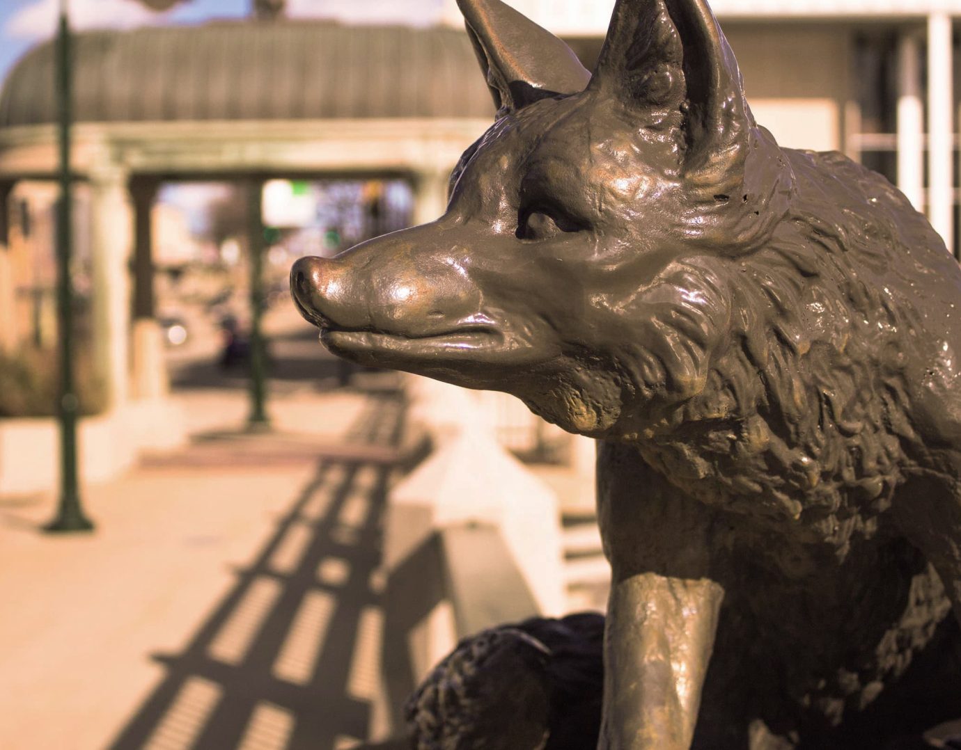 Closeup of the foxes statue on the bridge over Fox River near top St. Charles, IL activities