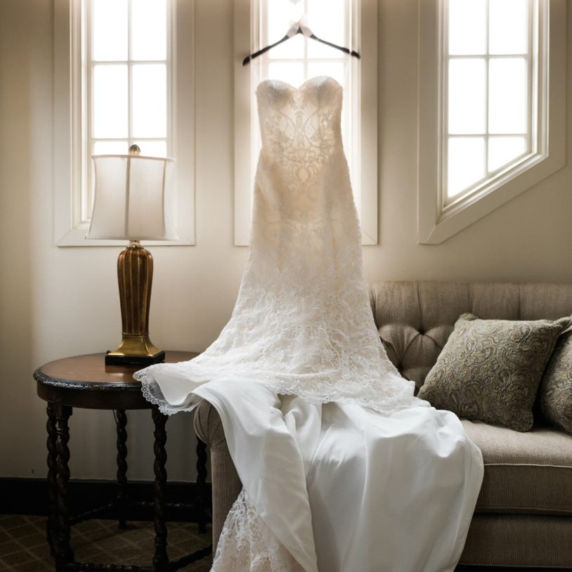 Wedding dress hanging in the bridal suite at historic Illinois wedding venue